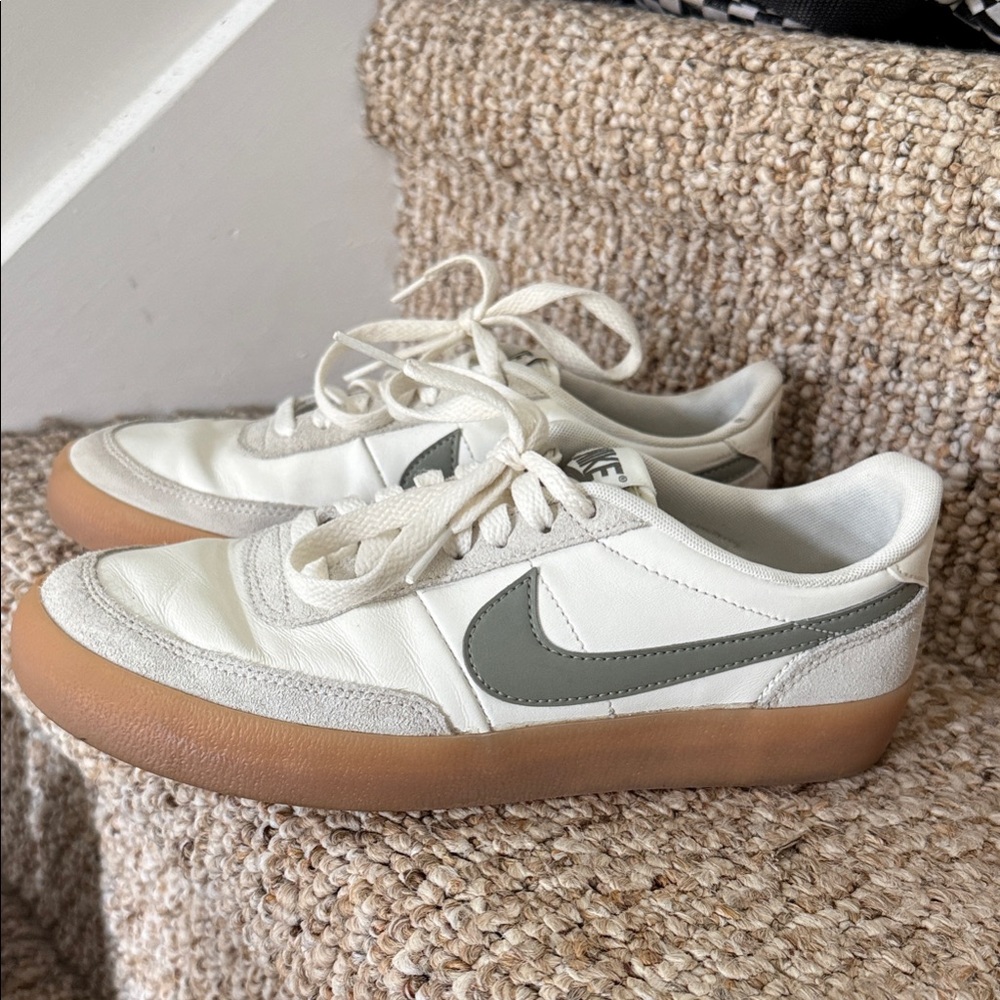 Nike White Leather Sneakers with Olive Swoosh and Gum Sole